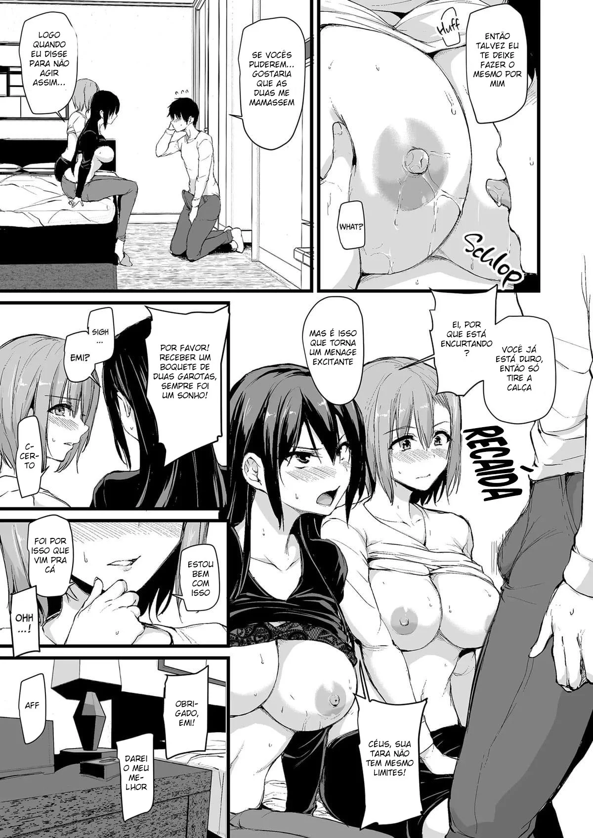 Eu não consigo ficar duro sem dois pares de seios, então minha esposa chamou uma amiga! – Hentai Preto e Branco – Tradução Em Português